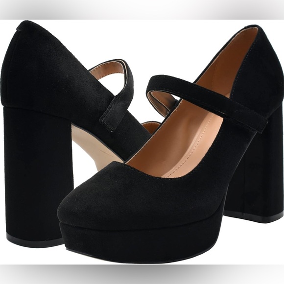 Marc Fisher Nicoly Square Toe Maryjane's w/velcro adjust ankle strap black suede - Picture 2 of 9